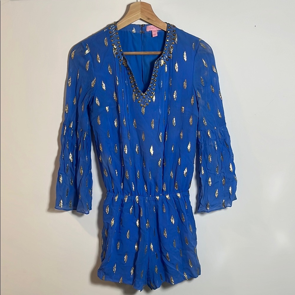 Lily Pulitzer Blue Shorts Romper with Gold Leaf Pattern